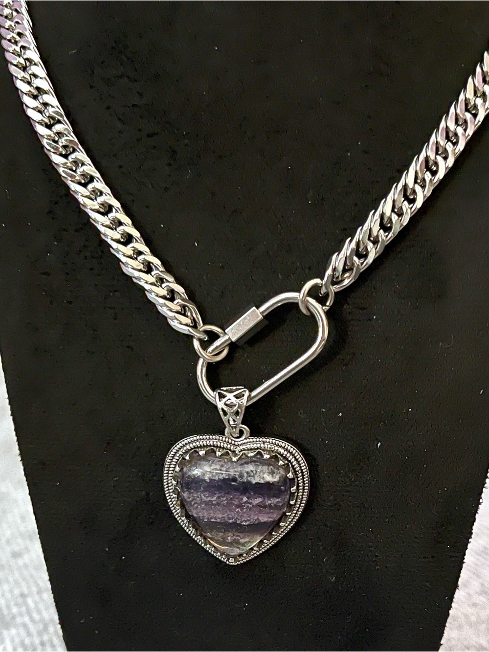 Rainbow Fluorite Heart Pendant Carabiner Chain Necklace Stainless Steel